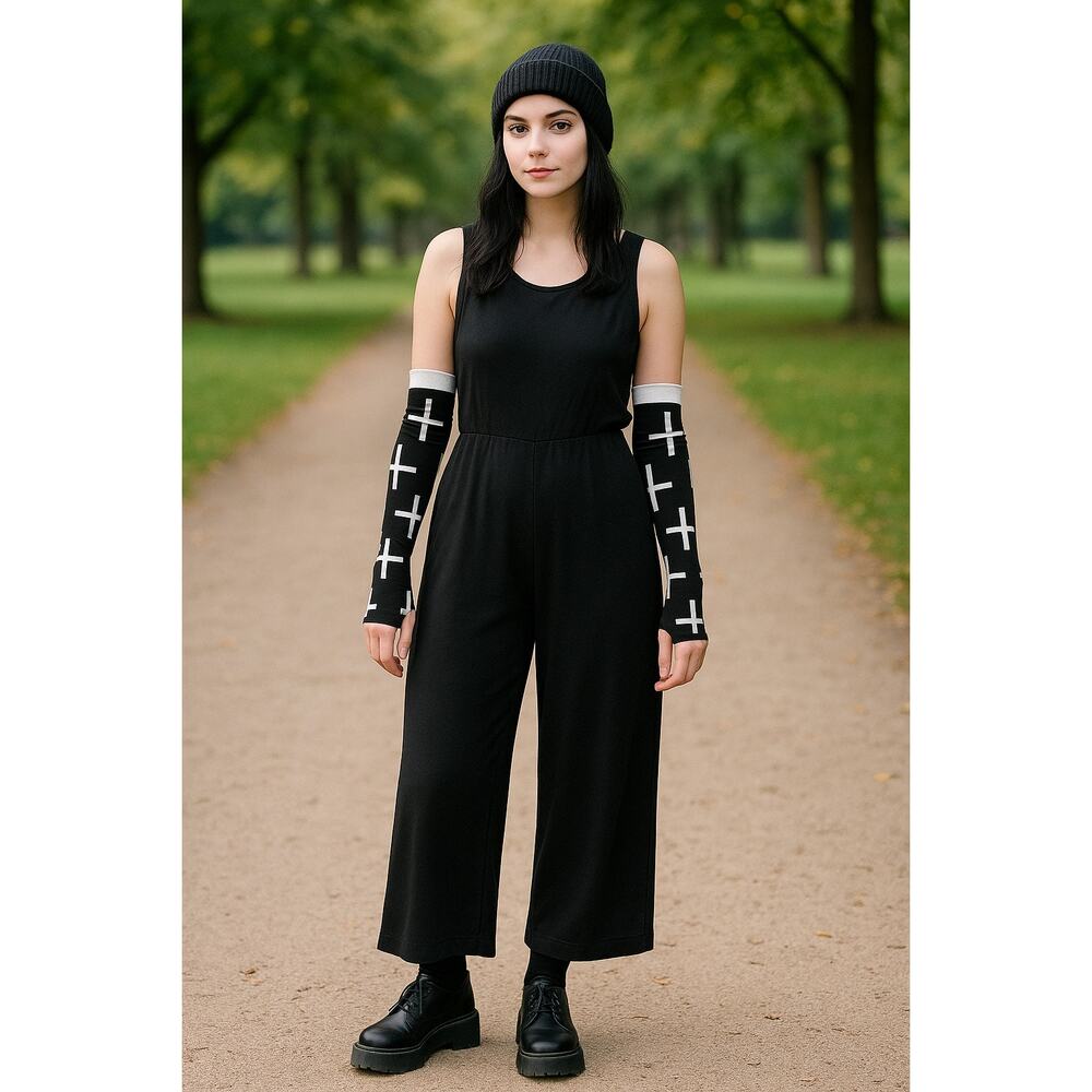 Music Legs Cross Design Arm Warmers Gothic Sleeves Motif O/S Blk White Thumbhole